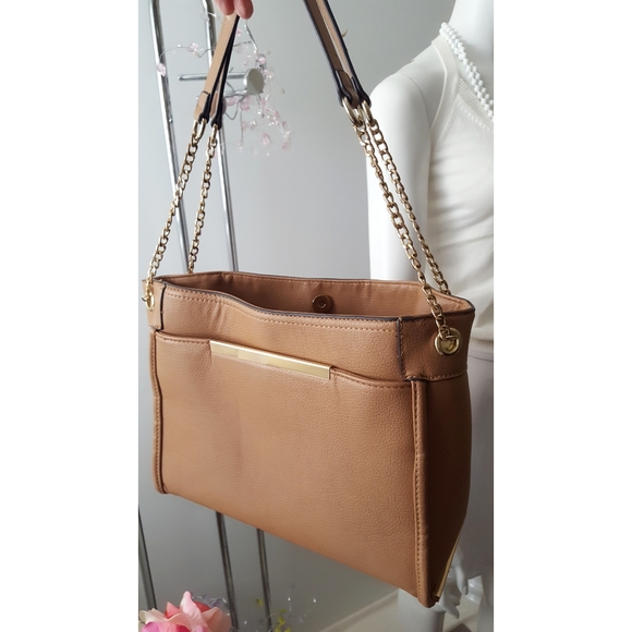 Vtg K Studio🍂Camel Brown Leather Tote shoulder Bag💛Chain Straps - Picture 2 of 15